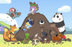 Size: 828x545 | Tagged: safe, artist:porygon2z, derpibooru import, spike, bear, beaver, dog, dragon, fox, panda, raccoon, turtle, g4, angry beavers, australian cattle dog, bluey, bluey heeler, bow, crossover, daggett doofus beaver, dirt, dirty, disney, dora the explorer, eyes closed, franklin the turtle, hair bow, harriet turtle, king clawthorne, panda (we bare bears), pb&j otter, pokémon, porygon, scootch raccoon, smiling, swiper the fox, we bare bears, wingless spike