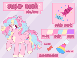 Size: 2732x2048 | Tagged: safe, artist:kuroartss, derpibooru import, oc, oc only, oc:sugar rush, pegasus, pony, candy, confetti, female, food, hat, heart, heart eyes, high res, looking at you, mare, open mouth, open smile, party hat, pegasus oc, raised hoof, raised leg, reference sheet, smiling, smiling at you, solo, sparkles, tail, wingding eyes