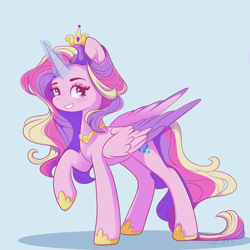 Size: 2048x2048 | Tagged: safe, artist:kuroartss, derpibooru import, princess cadance, alicorn, pony, g4, blush sticker, blushing, colored wings, concave belly, crown, female, folded wings, glowing, glowing horn, heart, heart eyes, high res, hoof shoes, horn, jewelry, looking at you, magic, magic aura, mare, princess shoes, raised hoof, raised leg, regalia, smiling, smiling at you, solo, tail, two toned wings, wingding eyes, wings