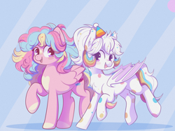 Size: 2732x2048 | Tagged: safe, artist:kuroartss, derpibooru import, oc, oc:confetti cupcake, oc:sugar rush, bat pony, pegasus, pony, bat pony oc, bat wings, bipedal, blush sticker, blushing, duo, duo female, ear fluff, ear tufts, ears, fangs, female, folded wings, hat, heart, heart eyes, high res, looking at you, mare, open mouth, open smile, party hat, pegasus oc, raised hoof, raised leg, smiling, smiling at you, tail, wingding eyes, wings