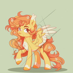 Size: 2048x2048 | Tagged: safe, artist:kuroartss, derpibooru import, oc, oc only, pegasus, pony, adoptable, blush sticker, blushing, chest fluff, ear fluff, ears, female, flower, flower in hair, flower in tail, heart, heart eyes, mare, pegasus oc, raised hoof, raised leg, smiling, solo, spread wings, tail, wingding eyes, wings