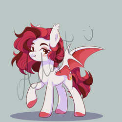 Size: 2048x2048 | Tagged: safe, artist:kuroartss, derpibooru import, oc, oc only, bat pony, adoptable, bat pony oc, bat wings, blush sticker, blushing, ear fluff, ear tufts, ears, fangs, heart, heart eyes, raised hoof, raised leg, smiling, solo, spread wings, tail, wingding eyes, wings