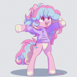 Size: 2048x2048 | Tagged: safe, artist:kuroartss, derpibooru import, oc, oc only, oc:sugar rush, pegasus, pony, arms wide open, bipedal, blaze (coat marking), clothes, coat markings, facial markings, female, gray background, heart, heart eyes, high res, i'm with stupid, mare, open mouth, open smile, pale belly, pegasus oc, pink coat, simple background, smiling, socks (coat marking), solo, sprinkles in mane, standing, sweater, tail, three toned mane, three toned tail, wingding eyes