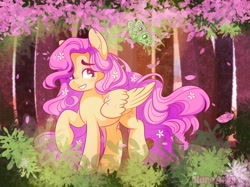 Size: 2732x2048 | Tagged: safe, artist:kuroartss, derpibooru import, fluttershy, butterfly, pegasus, pony, g4, bipedal, blush lines, blush sticker, blushing, ear fluff, ears, female, flower, flower in hair, flower in tail, forest, heart, heart eyes, long mane, long tail, mare, nature, outdoors, ponytober, ponytober 2024, raised hoof, raised leg, smiling, solo, tail, tree, wingding eyes, wings