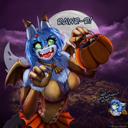 Size: 1000x1000 | Tagged: safe, artist:shamziwhite, derpibooru import, oc, oc:icefumy, anthro, changeling, breasts, candy, cleavage, clothes, costume, female, food, gloves, halloween, halloween costume, holiday, jack-o-lantern, long gloves, looking at you, open mouth, pumpkin, pumpkin bucket, skirt, spooky, wings