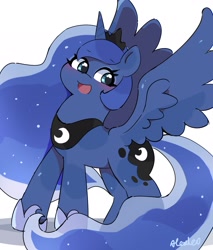 Size: 1633x1917 | Tagged: safe, artist:leo19969525, derpibooru import, princess luna, alicorn, pony, g4, :d, cute, ethereal mane, female, lunabetes, mare, open mouth, open smile, simple background, smiling, solo, spread wings, starry mane, starry tail, tail, white background, wings