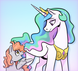 Size: 1885x1717 | Tagged: safe, artist:smirk, derpibooru import, princess celestia, oc, oc:morning dew, alicorn, pegasus, pony, crown, duo, female, gradient background, jewelry, mother and child, mother and daughter, parent and child, parent:derpy hooves, regalia, smiling