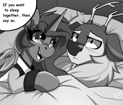 Size: 1750x1500 | Tagged: safe, artist:shadowreindeer, derpibooru import, princess luna, oc, oc:kevin reindeer, robot, android, bedroom, connor, detroit: become human, duo, fangs, grayscale, meme, monochrome, rk900