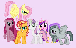 Size: 892x568 | Tagged: safe, artist:diana173076, derpibooru import, fluttershy, marble pie, pinkie pie, princess cadance, sunset shimmer, sweetie belle, alicorn, pegasus, pony, g4, alicornified, alternate mane six, alternate universe, older, older sweetie belle, pegasus pinkie pie, pink background, pinkamena diane pie, race swap, simple background