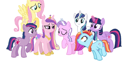 Size: 1293x656 | Tagged: safe, artist:diana173076, derpibooru import, diamond tiara, dusk shine, fluttershy, princess cadance, sassy saddles, shining armor, twilight sparkle, twilight sparkle (alicorn), alicorn, pegasus, pony, g4, alternate mane six, alternate universe, older, older diamond tiara, rule 63, simple background, white background