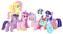 Size: 1253x676 | Tagged: safe, artist:diana173076, derpibooru import, diamond tiara, dusk shine, fluttershy, princess cadance, sassy saddles, shining armor, twilight sparkle, twilight sparkle (alicorn), alicorn, pegasus, pony, g4, alternate mane six, alternate universe, older, older diamond tiara, rule 63, simple background, white background