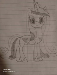 Size: 3000x4000 | Tagged: artist needed, source needed, safe, derpibooru import, princess cadance, alicorn, pony, g4, female, folded wings, hoof shoes, horn, jewelry, lined paper, looking at you, mare, princess shoes, regalia, smiling, solo, tail, traditional art, wings