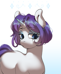 Size: 1500x1838 | Tagged: safe, artist:gabrilis, derpibooru import, rarity, pony, unicorn, bobcut, bust, ear piercing, earring, gradient background, horn, jewelry, mole, piercing, portrait, short hair, solo