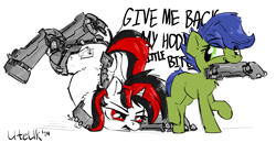 Size: 1730x900 | Tagged: safe, artist:uteuk, derpibooru import, oc, oc:blackjack, oc:scotch tape, cyborg, earth pony, pony, unicorn, fallout equestria, fallout equestria: project horizons, amputee, angry, cybernetic legs, face down ass up, fanfic art, horn, level 2 (project horizons), mouth hold, prosthetic eye, prosthetic leg, prosthetic limb, prosthetics, swearing, vulgar