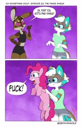 Size: 2667x4096 | Tagged: safe, artist:zephyriwolf, derpibooru import, pinkie pie, oc, anthro, earth pony, fox, pony, rabbit, g4, 2 panel comic, animal, anthro oc, anthro with ponies, comic, holding, holding a pony, meta, pinkie promise, pun, swearing, twitter, twitter link, vulgar