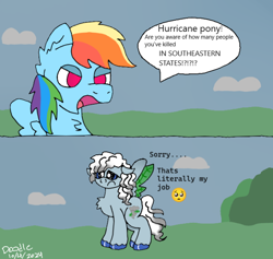 Size: 640x607 | Tagged: safe, artist:doodle-doodie-doo, derpibooru import, rainbow dash, oc, oc:hurricanepony, pegasus, pony, emoji, hurricane, meme, pleading, shitposting, speech bubble, talking