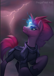 Size: 533x746 | Tagged: safe, artist:vensual99, derpibooru import, tempest shadow, pony, unicorn, g4, broken horn, clothes, commission, eye scar, facial scar, female, hoof shoes, horn, lightning, magic, mare, scar, solo