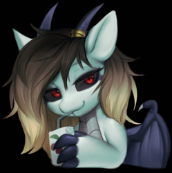 Size: 1274x1280 | Tagged: safe, artist:vensual99, derpibooru import, oc, oc only, oc:bloodlight bonestalk, dracony, dragon, hybrid, pony, black background, black sclera, bust, commission, drink, drinking, female, horn, horn ring, horns, juice, juice box, ring, simple background, solo