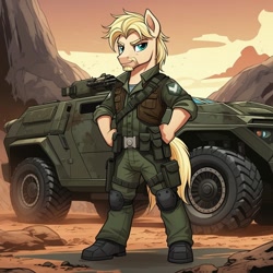 Size: 1024x1024 | Tagged: safe, ai content, derpibooru import, machine learning generated, jeff letrotski, anthro, earth pony, plantigrade anthro, afv, bandolier, clothes, clutch, cosplay, costume, g.i. joe, generator:google imagen 3.0, hand on hip, jeep, military uniform, outdoors, prompter:zerowinger, smiling, solo, uniform