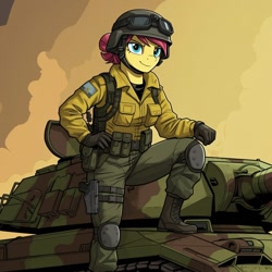 Size: 1024x1024 | Tagged: safe, ai content, derpibooru import, machine learning generated, torque wrench, anthro, earth pony, plantigrade anthro, clothes, cosplay, costume, female, g.i. joe, generator:google imagen 3.0, helmet, military uniform, prompter:zerowinger, smiling, solo, steeler, tank (vehicle), uniform