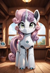 Size: 800x1169 | Tagged: safe, ai content, derpibooru import, generator:pony diffusion v6 xl, generator:stable diffusion, machine learning generated, sweetie belle, sweetie bot, pony, robot, robot pony, unicorn, g4, :3, female, filly, foal, gynoid, horn, indoors, prompter:gregorymars, roboticization, solo