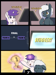 Size: 6000x8000 | Tagged: safe, artist:imposter dude, derpibooru import, oc, oc only, oc:snowie aura, oc:tempest streamrider, pegasus, pony, unicorn, female, filly, foal, happy, horn, magic, male, monitor, stallion, trophy, winner