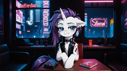 Size: 1920x1080 | Tagged: safe, ai content, derpibooru import, generator:pony diffusion v6 xl, generator:stable diffusion, machine learning generated, rarity, pony, unicorn, g4, :3, alternate hairstyle, chest fluff, clothes, cyberpunk, ear fluff, ear piercing, earring, ears, female, floppy ears, horn, jewelry, lidded eyes, mare, neon, piercing, prompter:ramprover, sitting, solo