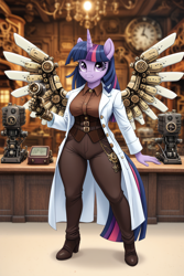 Size: 768x1152 | Tagged: safe, ai content, derpibooru exclusive, derpibooru import, generator:stable diffusion, machine learning generated, twilight sparkle, twilight sparkle (alicorn), alicorn, anthro, g4, amputee, artificial wings, augmented, boots, bustier, clock, clothes, lab coat, machine, pants, prompter:professordoctorc, prosthetic arm, prosthetic limb, prosthetic wing, prosthetics, shirt, shoes, steampunk, wings