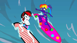 Size: 3500x1968 | Tagged: safe, artist:star-armour95, derpibooru import, oc, oc:rainbow flower, oc:red arrow, human, equestria girls, g4, clothes, female, male, ocean, recolor, surfboard, surfing, swimsuit, water, wave