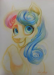 Size: 2240x3071 | Tagged: safe, artist:mayajust, derpibooru import, bon bon, sweetie drops, earth pony, pony, g4, bust, female, mare, simple background, smiling, solo, traditional art, white background