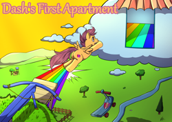 Size: 4092x2893 | Tagged: safe, artist:natt333, derpibooru import, scootaloo, pegasus, pony, fanfic:dash's first apartment, author:shakespearicles, building, butt, cloud, cloud house, cover art, crossbow, evening, eyebrows, eyelashes, eyes open, female, fence, filly, foal, grass, grass field, happy, high res, house, implied bow hothoof, implied incest, implied rainbow dash, implied unbirthing, implied windy whistles, logo, mountain, number, open mouth, outdoors, plot, rainbow, ramp, river, scooter, shadow, shakespearicles, shield, signature, sky, solo, spread wings, starry eyes, swing, teeth, text, tree, wall of tags, water, weapon, wingding eyes, wings