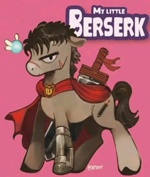 Size: 720x854 | Tagged: safe, artist:coypuppy, derpibooru import, earth pony, parasprite, pony, berserk, cape, clothes, guts (berserk), ponified, scar, species swap, sword, weapon