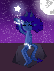 Size: 768x1024 | Tagged: safe, artist:lnx1ynight16, derpibooru import, oc, oc only, oc:bintang, original species, ^^, armband, curly hair, dragon lands, elf ears, eyes closed, horns, land overlander, message, moon, night, overlander, rock, smiling, stars