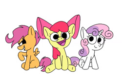 Size: 1087x750 | Tagged: safe, artist:notfocks, apple bloom, scootaloo, sweetie belle, earth pony, pegasus, pony, unicorn, adorabloom, bow, cute, cutealoo, cutie mark crusaders, diasweetes, female, filly, foal, hair bow, happy, looking at you, sitting