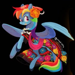 Size: 1111x1111 | Tagged: safe, artist:coypuppy, derpibooru import, rainbow dash, pegasus, pony, g4, black background, clothes, dress, female, mare, mexico, rainbow dash always dresses in style, simple background, solo