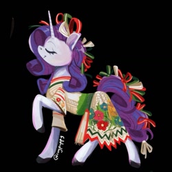 Size: 1155x1155 | Tagged: safe, artist:coypuppy, derpibooru import, rarity, pony, unicorn, g4, black background, china poblana, clothes, dress, female, horn, mare, mexico, simple background, solo