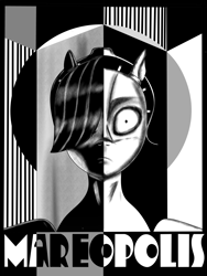 Size: 5400x7200 | Tagged: safe, artist:pony quarantine, derpibooru import, maud pie, pony, robot, robot pony, black and white, bust, female, grayscale, hair over one eye, looking at you, mare, metropolis, monochrome, movie poster, ponified, solo, species swap, text