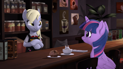 Size: 3840x2160 | Tagged: safe, artist:owlpirate, derpibooru import, derpy hooves, twilight sparkle, twilight sparkle (alicorn), alicorn, pegasus, pony, g4, 3d, 4k, barista, cafe, coffee, coffee cup, cup, cute, derpabetes, duo, duo female, female, food, high res, indoors, latte, looking at each other, looking at someone, mare, muffin, smiling, smiling at each other, source filmmaker, twiabetes