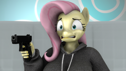 Size: 1280x720 | Tagged: safe, artist:warhammer50k, derpibooru import, fluttershy, anthro, pegasus, g4, 3d, breasts, clock, funny face, gun, handgun, holding a gun, hootershy, jumper, pistol, scared, shiny skin, solo, source filmmaker, sweat, weapon