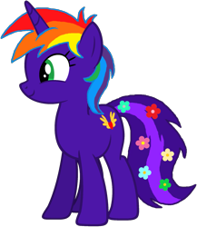 Size: 1605x1848 | Tagged: safe, artist:star-armour95, derpibooru import, oc, oc only, oc:rainbow flower, unicorn, g4, cute, flower, flower in tail, horn, simple background, smiling, solo, tail, transparent background