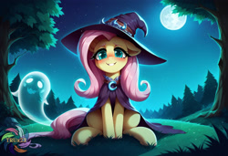 Size: 3648x2496 | Tagged: safe, ai content, derpibooru import, machine learning generated, fluttershy, ghost, pony, undead, g4, female, generator:civitai, grass, looking at you, moon, night, outdoors, prompter:trux23, sitting