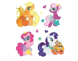 Size: 500x392 | Tagged: safe, derpibooru import, applejack, cheerilee, pinkie pie, rarity, earth pony, pony, unicorn, g4, bipedal, clothes, costume, cute, dress, female, flower, freckles, halloween, halloween costume, heart, horn, looking at you, mare, official, painting, ponytail, pumpkin, simple background, smiling, stars, stock vector, white background