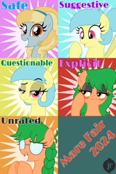 Size: 4096x6144 | Tagged: safe, artist:facelessjr, derpibooru import, oc, oc:fair flyer, oc:matinee, oc:morning mimosa, oc:soiree, earth pony, pegasus, alternate hairstyle, bedroom eyes, braces, braid, braided ponytail, earth pony oc, eyeshadow, female, glasses, headband, makeup, mare fair, pegasus oc, ponytail, rating, smiling, swirly glasses, vector