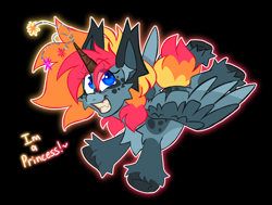 Size: 6348x4791 | Tagged: safe, artist:crazysketch101, derpibooru import, oc, oc only, oc:crazy looncrest, pegasus, pony, black background, cardboard, fake horn, glowing, sharp teeth, simple background, solo, teeth