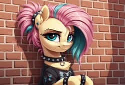 Size: 2104x1440 | Tagged: source needed, safe, ai content, derpibooru import, machine learning generated, fluttershy, pony, g4, bracelet, brick wall, chest fluff, clothes, collar, collar ring, ear fluff, ear piercing, ears, eyebrow piercing, female, flutterpunk, jewelry, leaning, leaning back, looking at you, mare, piercing, ponytail, prompter needed, punk, shirt, solo, spiked collar, spiked wristband, wristband