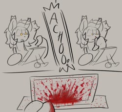 Size: 964x883 | Tagged: safe, artist:reddthebat, derpibooru import, oc, oc only, oc:reddthebat, pony, accident, blood, comic, drawing tablet, female, gray background, mare, nosebleed, partial color, simple background, sneezing, solo