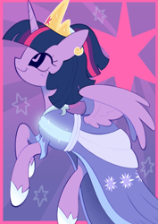 Size: 1447x2048 | Tagged: safe, artist:risswm, derpibooru import, twilight sparkle, twilight sparkle (alicorn), alicorn, pony, g4, the last problem, clothes, crown, cutie mark background, dress, female, gown, jewelry, looking up, mare, no sclera, profile, rearing, regalia, second coronation dress, smiling, solo