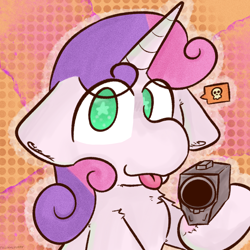 Size: 2048x2048 | Tagged: safe, artist:felixmcfurry, derpibooru import, sweetie belle, pony, unicorn, g4, :p, cute, diasweetes, ears, emoji, female, filly, floppy ears, foal, gun, horn, looking at you, outline, pointing gun, skull, solo, this will end in death, this will end in tears, this will end in tears and/or death, tongue, tongue out, weapon, white fur, white outline, 💀