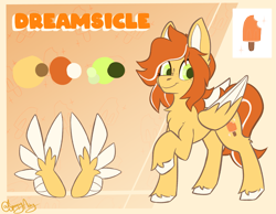 Size: 1851x1440 | Tagged: safe, artist:spoopy-abby, derpibooru import, oc, oc only, oc:dreamsicle, oc:dreamsicle daydream, pegasus, pony, chest fluff, gradient background, reference sheet, signature, solo, unshorn fetlocks