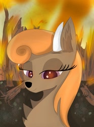 Size: 780x1050 | Tagged: safe, artist:wornpaladin, artist:worny, derpibooru import, oc, oc:viira lehtola, deer, equestria at war mod, arson, bad, bad end, bedroom eyes, burning, deer oc, dirt, dirty, evil, evil smile, fire, forest, forest background, horn, nature, non-pony oc, orange mane, outdoors, purple eyes, smiling, tree